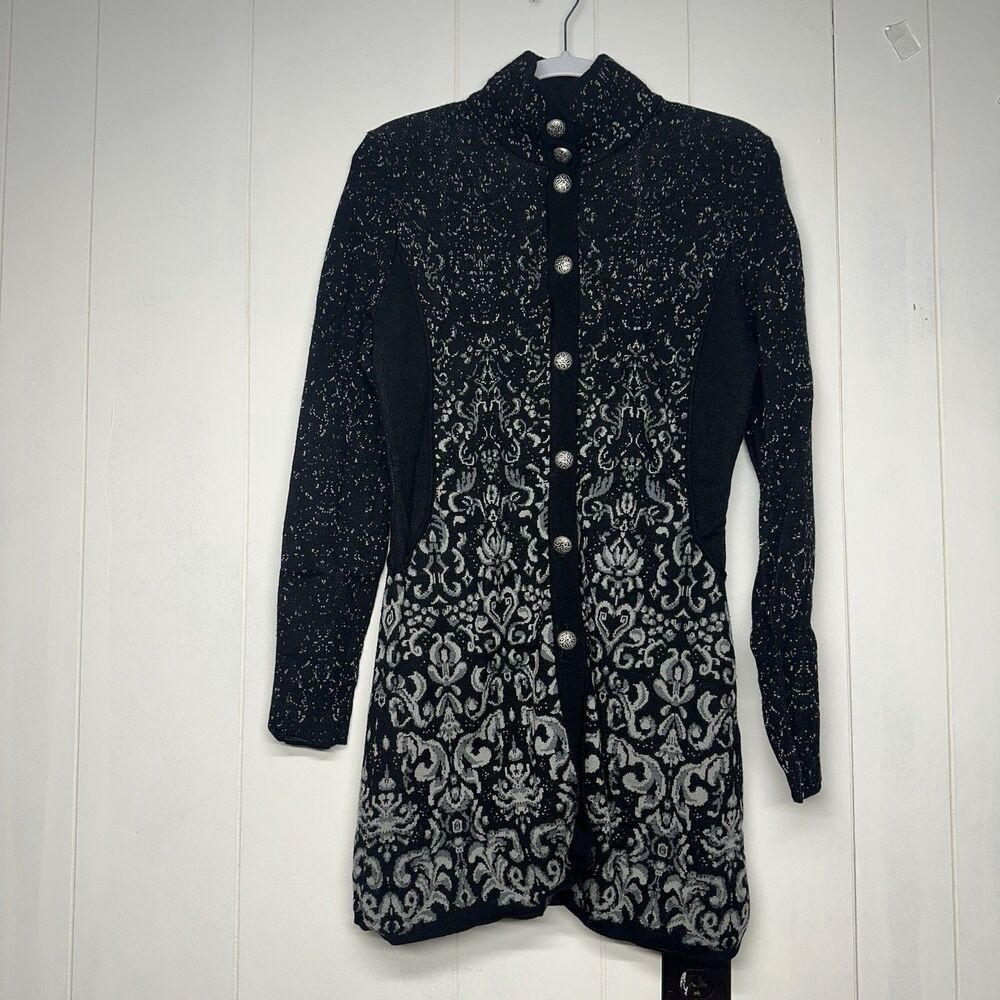 Women’s Icelandic Design 100% Wool Long Coat Jacket Black Gray Button Front S